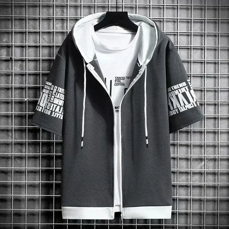 Summer Zip-Up Hoodie Set – Unisex Short Sleeve Graphic Hooded Top & Shorts
