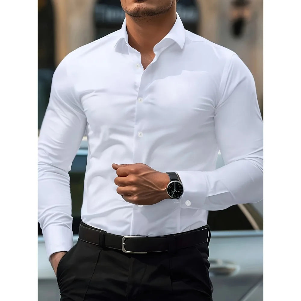 Camisa de manga larga de color liso para hombre