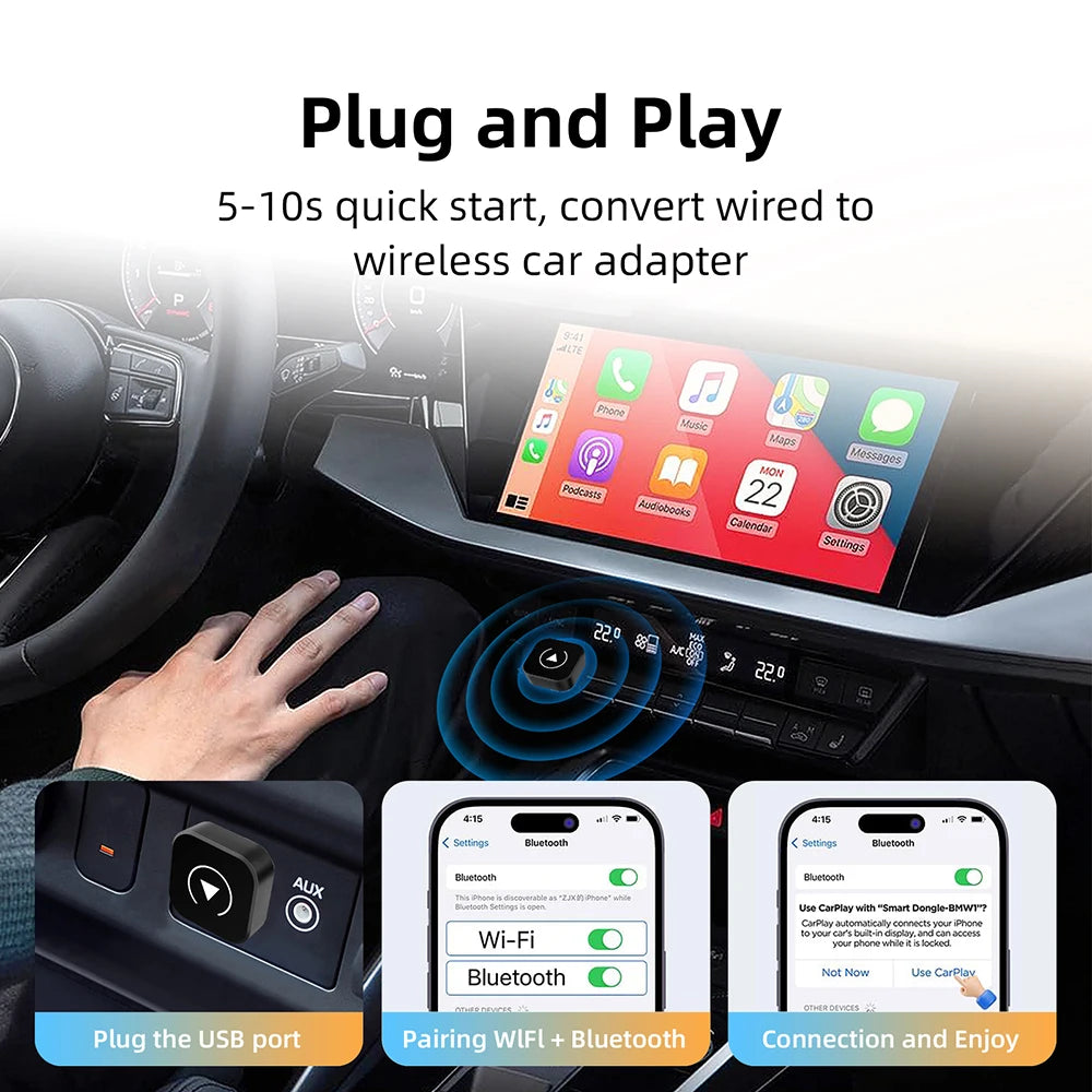 Adaptador inalámbrico 2 en 1 para CarPlay y Android Auto – Dongle USB Plug & Play