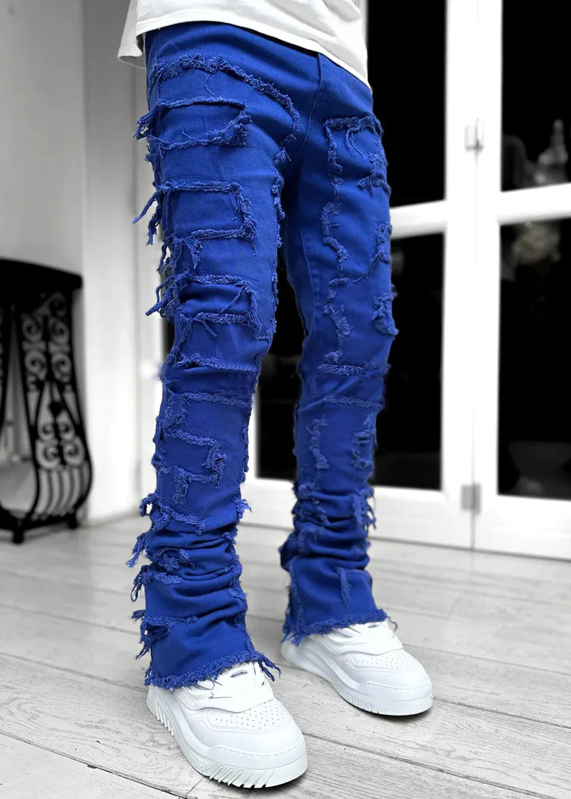 Unisex Stacked Ripped Distressed Slim Jeans