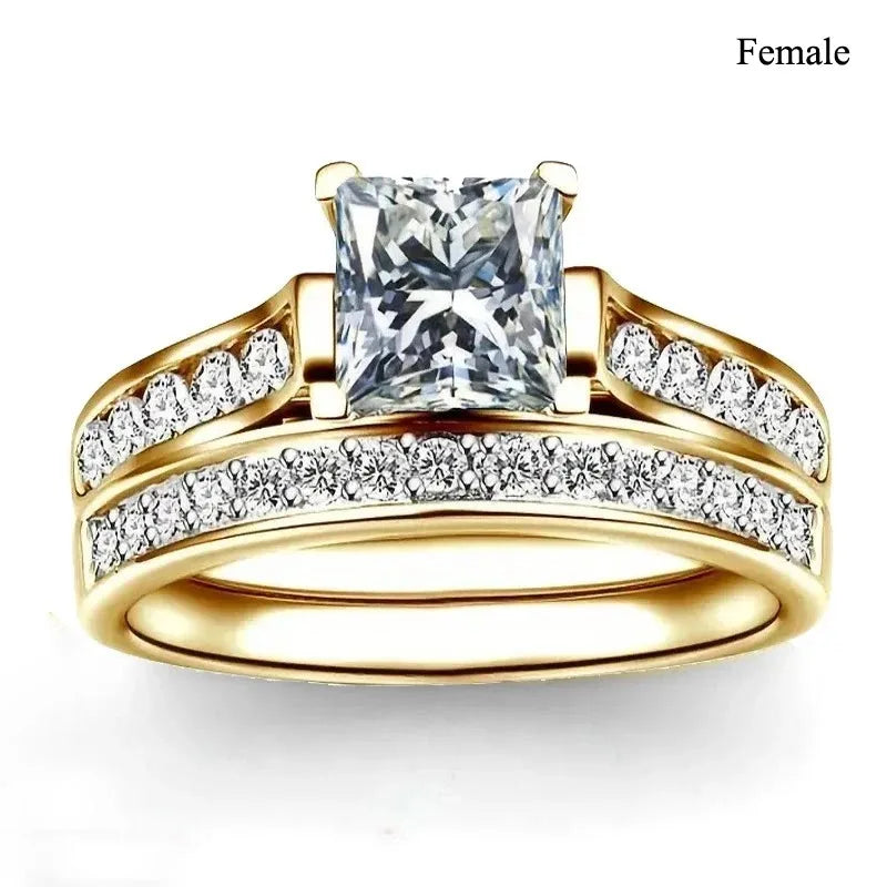 Charm Couple Rings – Red Rhinestone Women's & Celtic Dragon Men's Wedding Band Set
