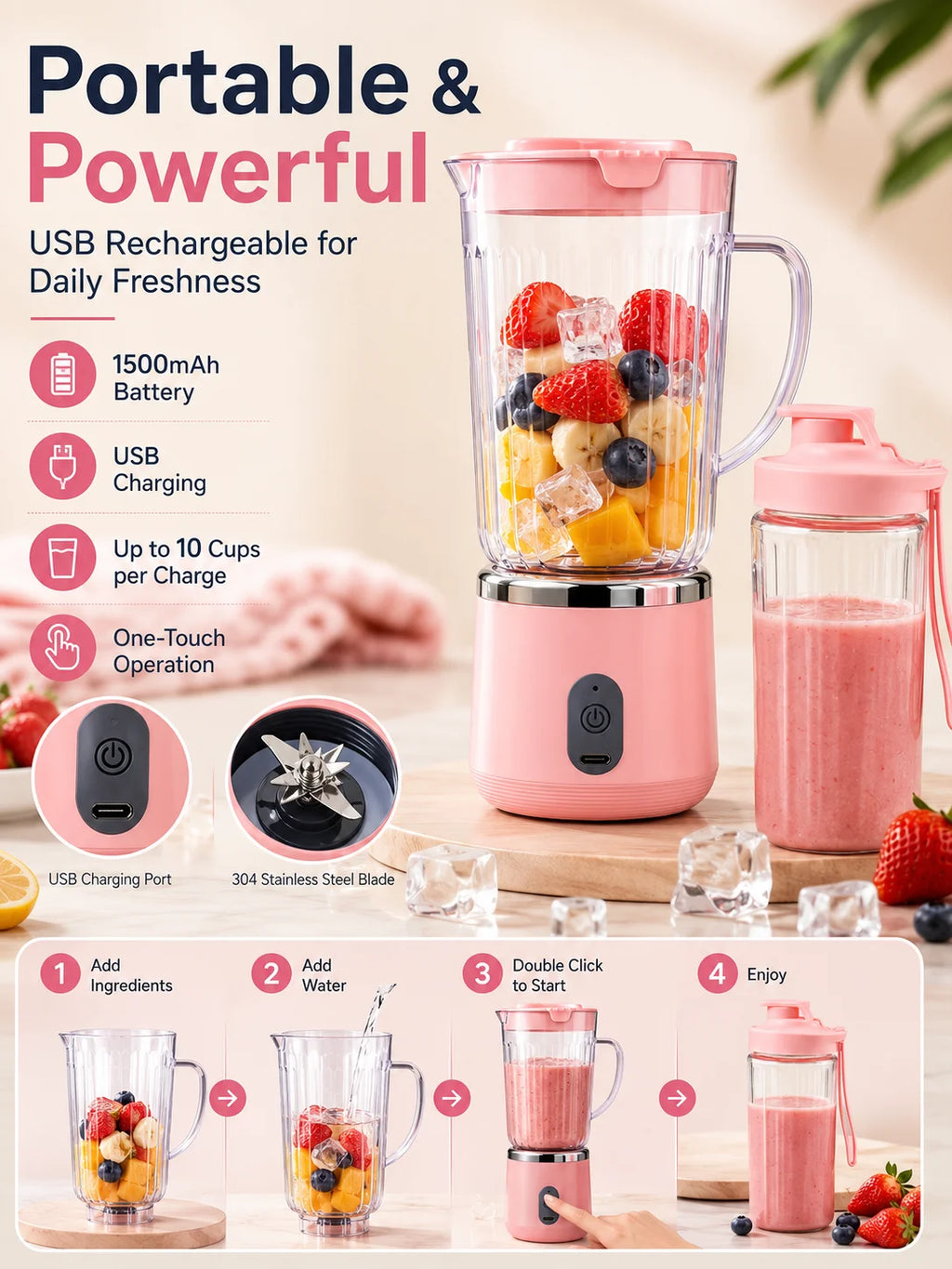 Compact 20cm Mini Portable Blender 800ml Large Capacity USB Charging 304 Steel Blade Smoothie Juicer Cup Easy To Clean