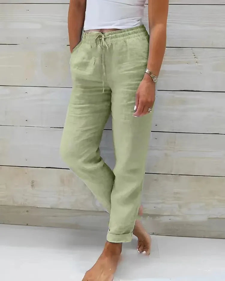 Pantalones de Verano de Lino y Algodón para Mujer, Cintura Alta Elástica, Pantalones Casuales, Ropa Urbana, Color Liso, Ropa Femenina 2026, Pantalones Lápiz Holgados