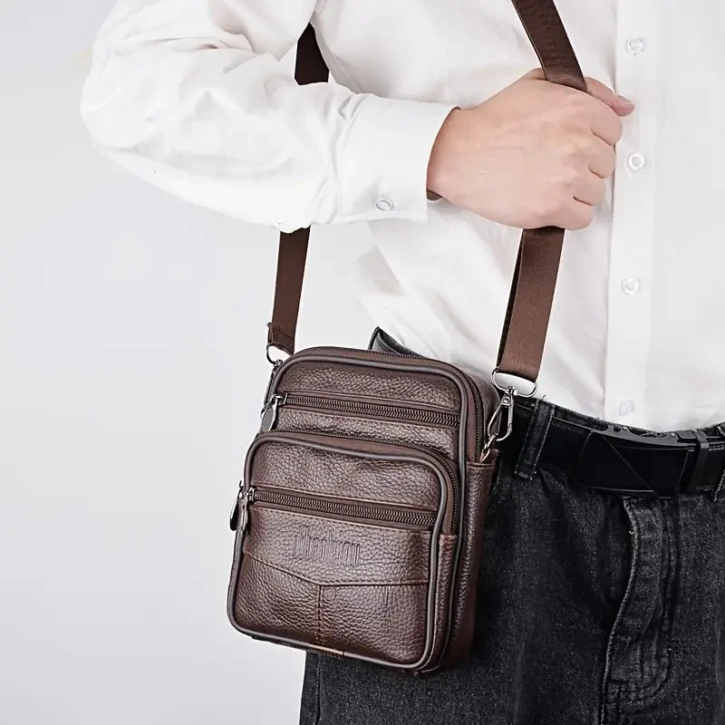 Men's Genuine Leather Mini Crossbody Bag — Vertical Shoulder Bag & Casual Travel Messenger