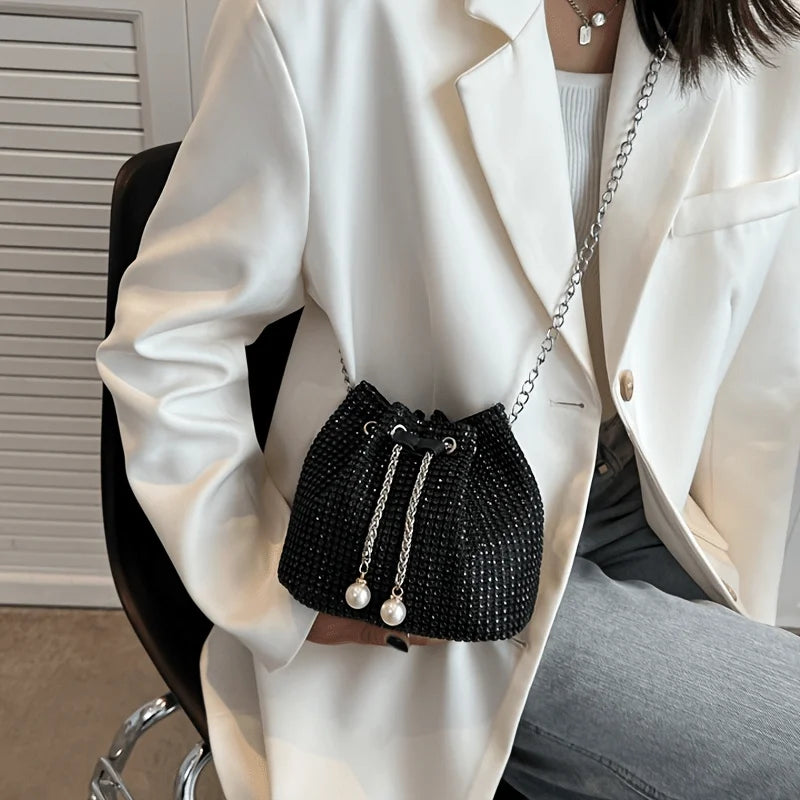 Sparkling Rhinestone Drawstring Bucket Purse — Crossbody Bag for Women
