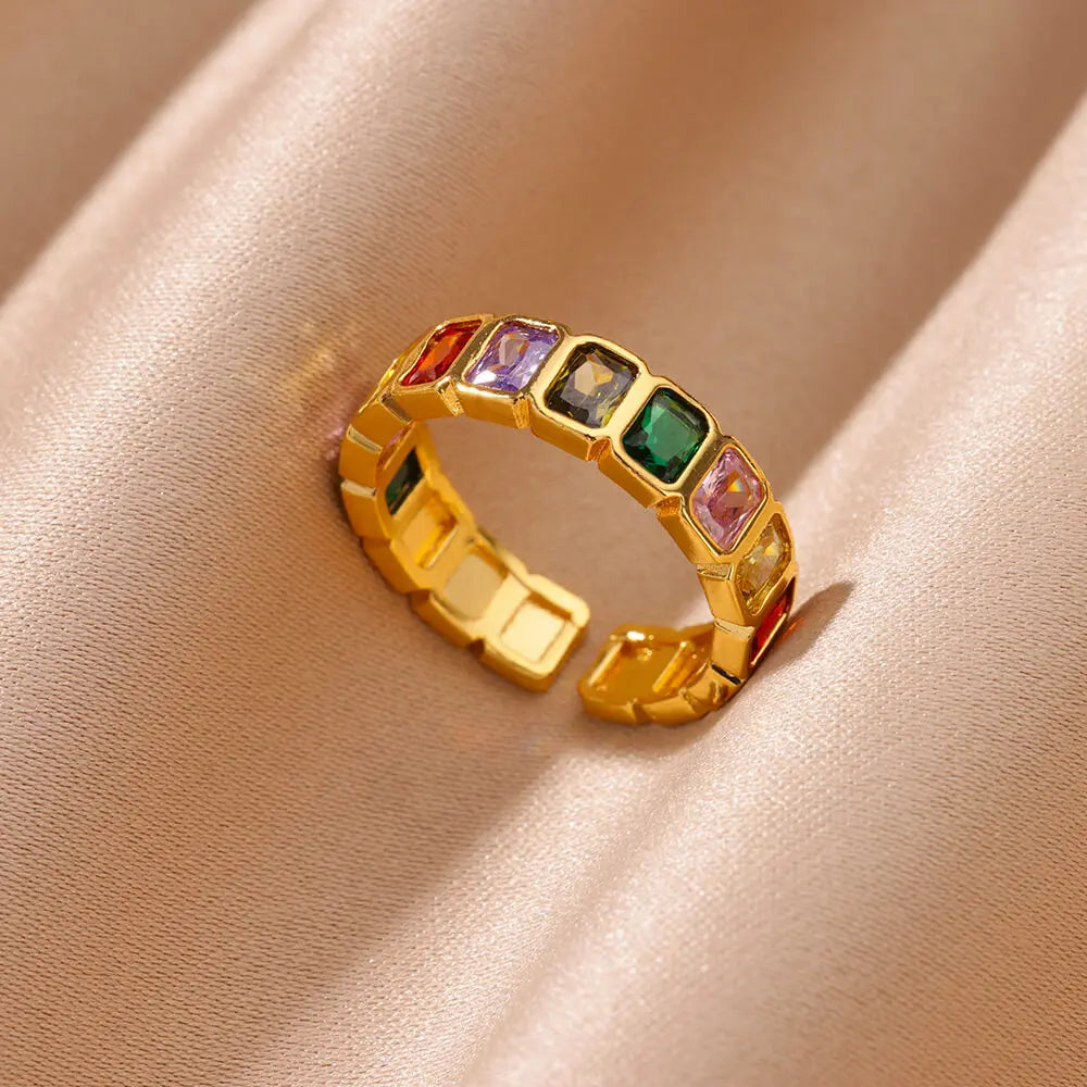 Colorful Cubic Zirconia Open Ring | 18K Gold Plated Stainless Steel | Boho Vintage Style | Women's Gift