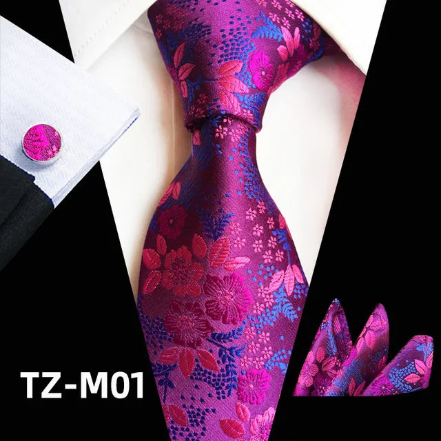 Floral Silk Necktie, Pocket Square & Cufflinks Set – Multiple Colors