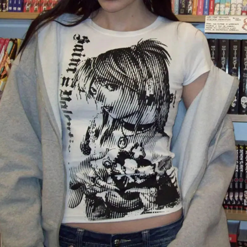 Y2K Anime Graphic Crop Tee – 90s Harajuku Streetwear T-Shirt