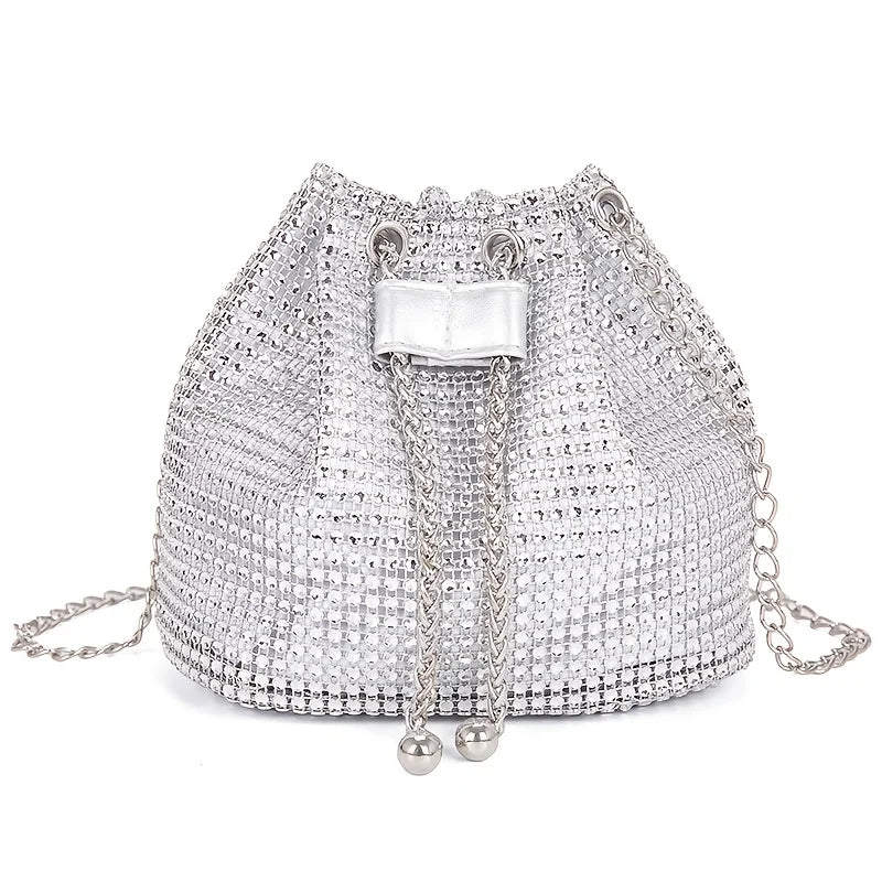 Sparkling Rhinestone Drawstring Bucket Purse — Crossbody Bag for Women