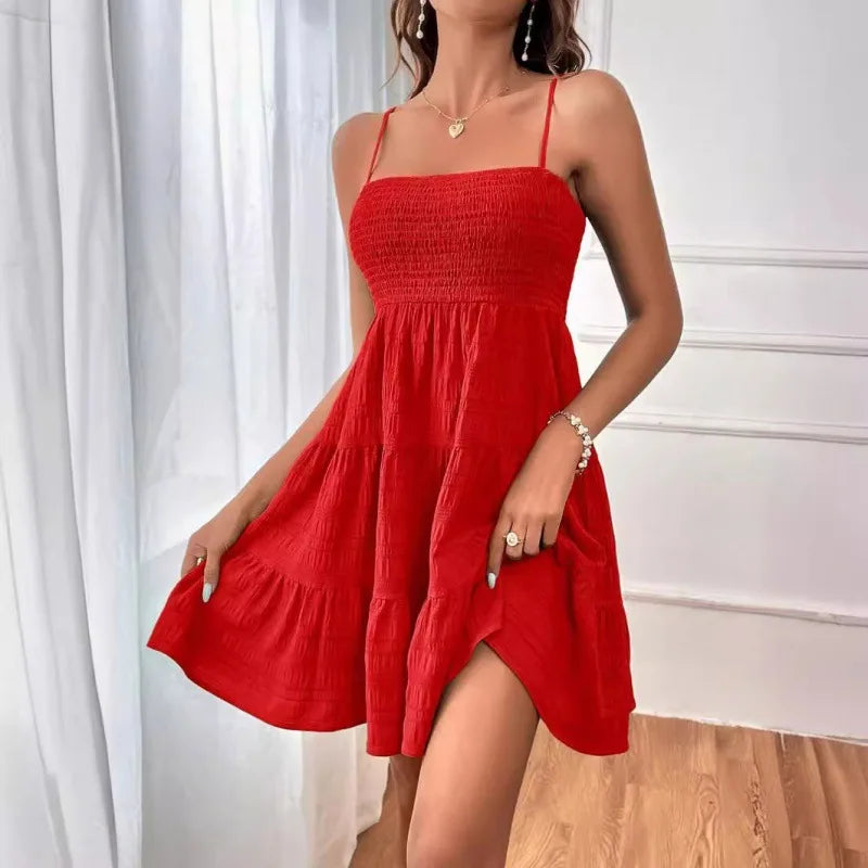 Women's Smocked Bustier Spaghetti Strap Tiered Mini Dress