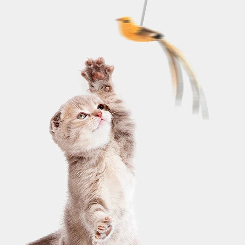 Simulated Bird Cat Teaser Toy – Feather Wand with Upgraded Suction Cup & Steel Wire Rod