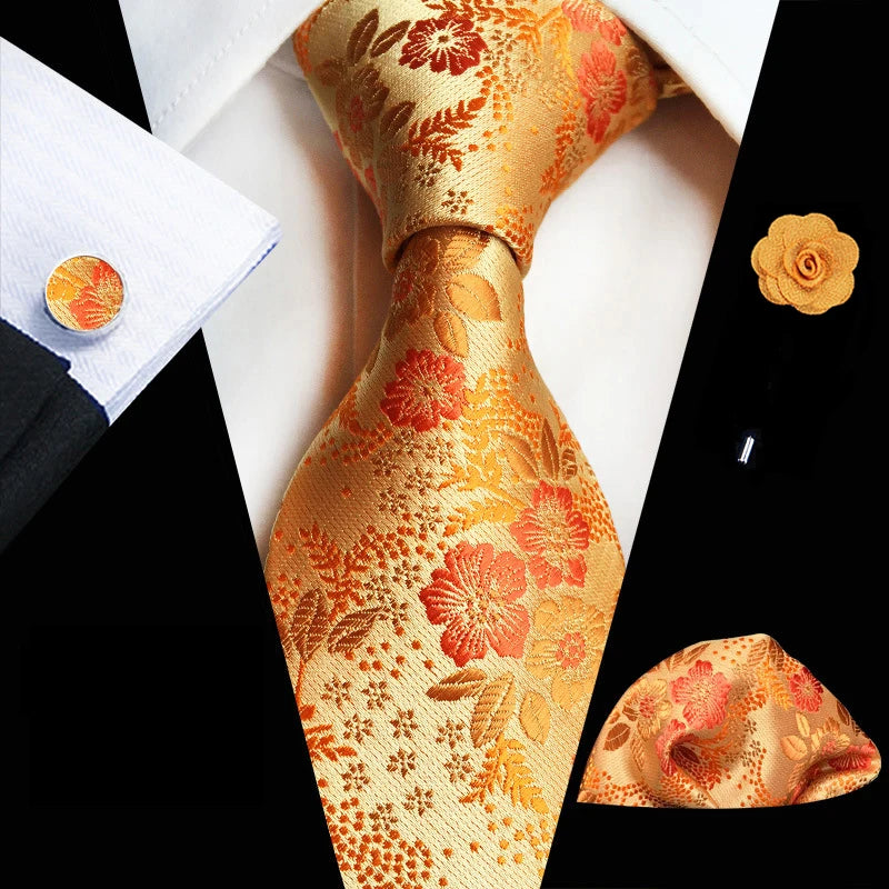 Floral Silk Necktie, Pocket Square & Cufflinks Set – Multiple Colors