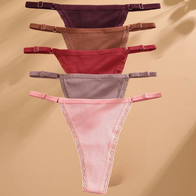 Women's 5-Pack Cotton G-String Thong Set | Low-Rise Adjustable Waist Underwear S-XL
