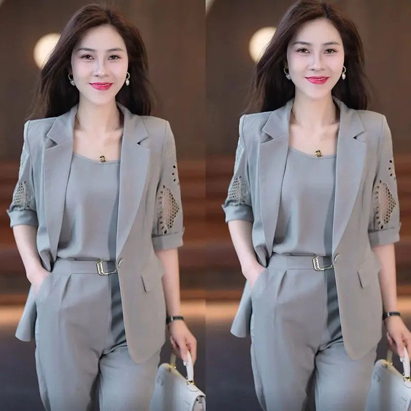 Women's 3-Piece Vintage Hollow Jacket Suit Set – Jacket, Tank Top & Pants