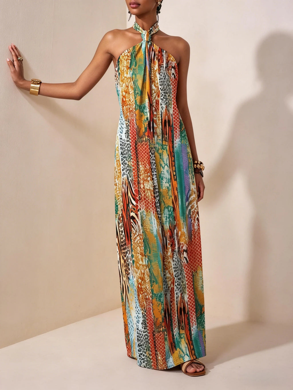 Women's Halter Neck Backless Boho Maxi Dress