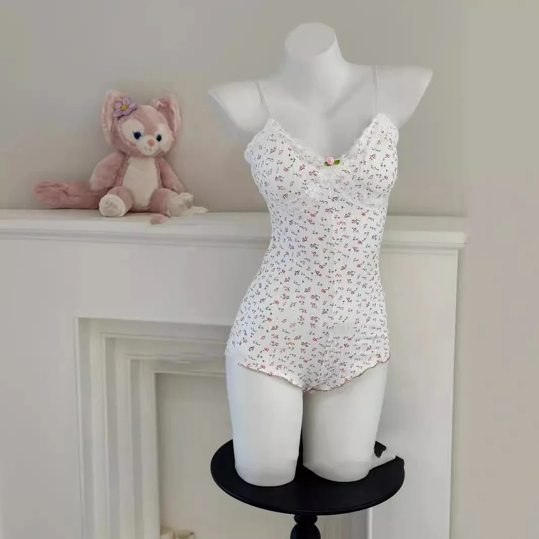 Women's Floral Print Spaghetti Strap Romper – Slim Fit Open Back Bodysuit
