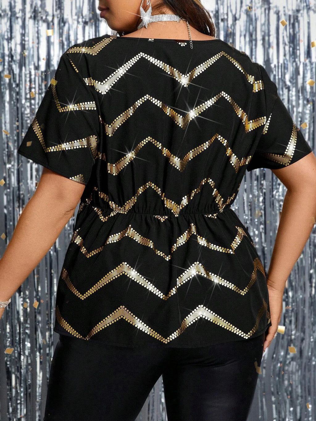 Women's plus size elegant hot stamping short sleeved top, waist cinched irregular hem top