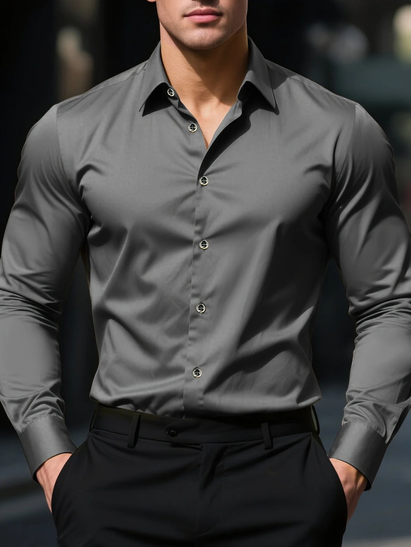 Camisa de manga larga de color liso para hombre
