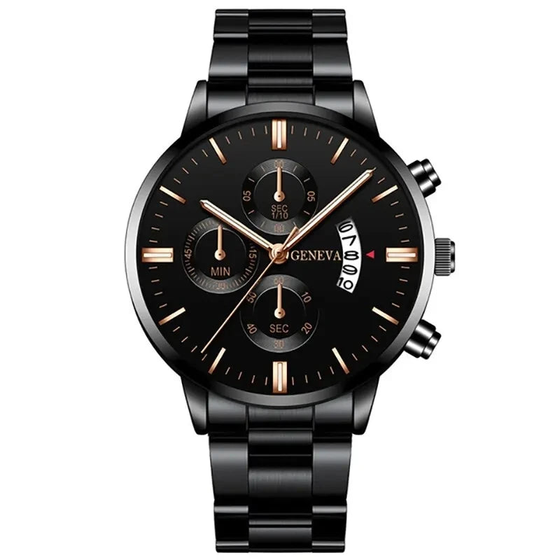 Men's Quartz Watch & Bracelet Gift Set – Calendar Chronograph-Style Dial