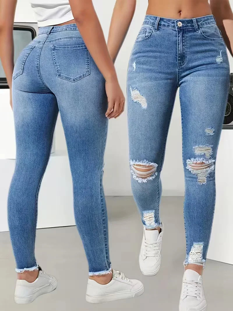 High-Waist Ripped Stretch Skinny Jeans