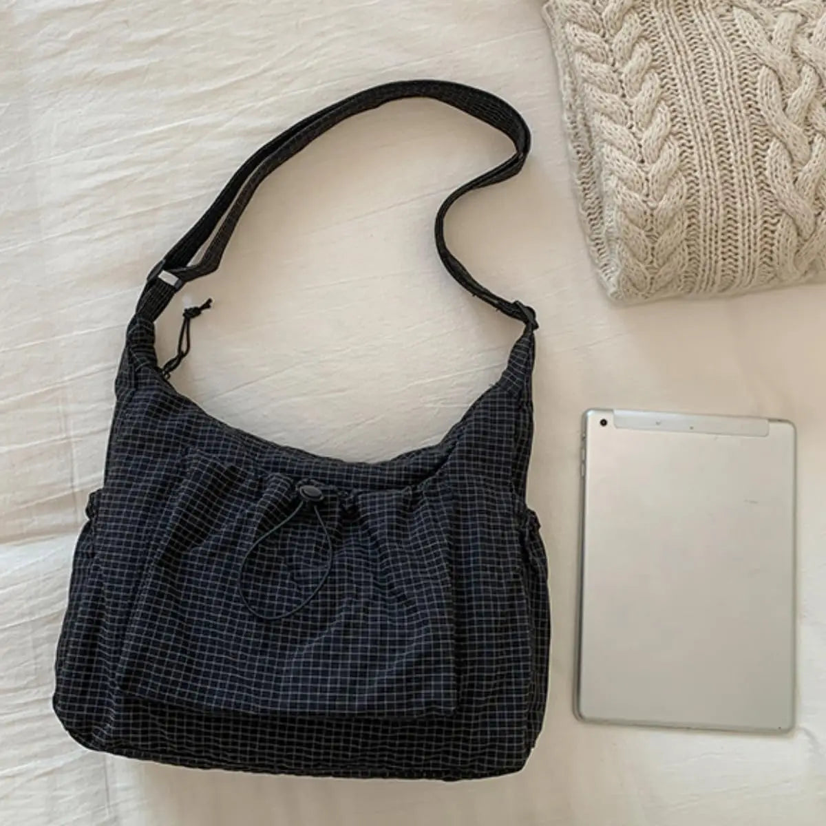 Korean Style Plaid Casual Shoulder Bag, Lightweight Checkered Crossbody Bag with Adjustable Strap, Cotton Quilted Fabric Handbag
