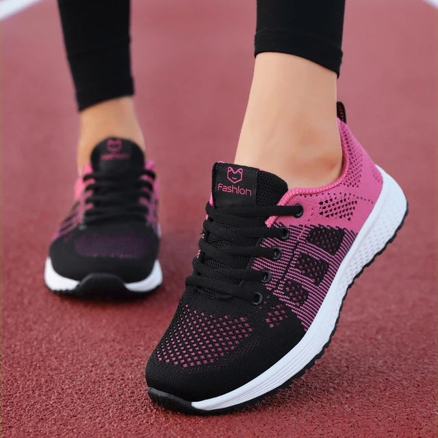 Zapatillas deportivas transpirables de malla con cordones para mujer – Calzado ligero y plano para caminar