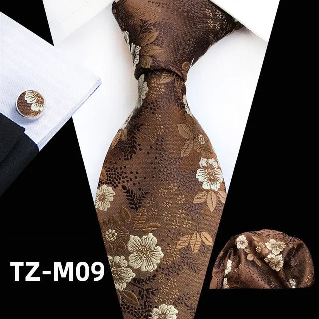 Floral Silk Necktie, Pocket Square & Cufflinks Set – Multiple Colors