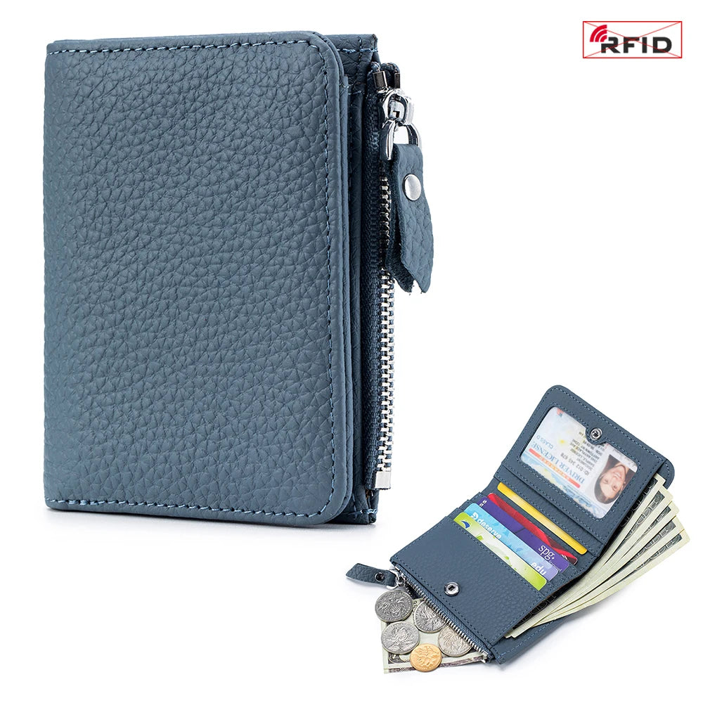 Genuine Cow Leather Short Wallet — RFID Blocking Card Holder & Coin Purse